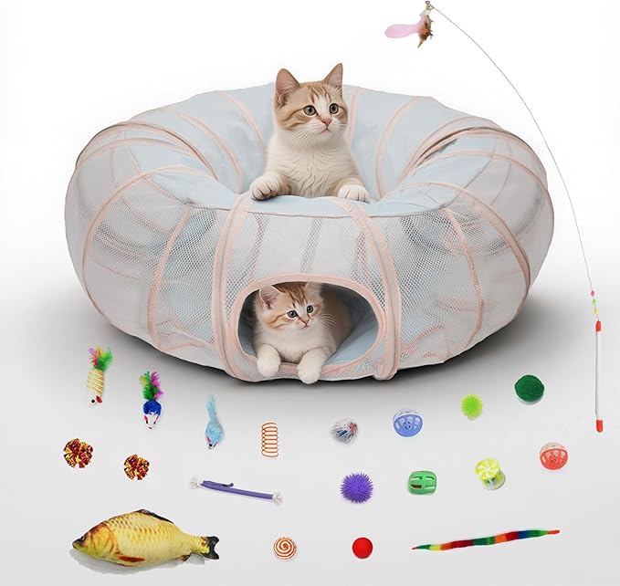 Mesh Cat Tunnel Bed with 20 Cat Toys, Collapsible Play Tunnel for Indoor Cats,Visible Cat Tube for Kitten Puppy