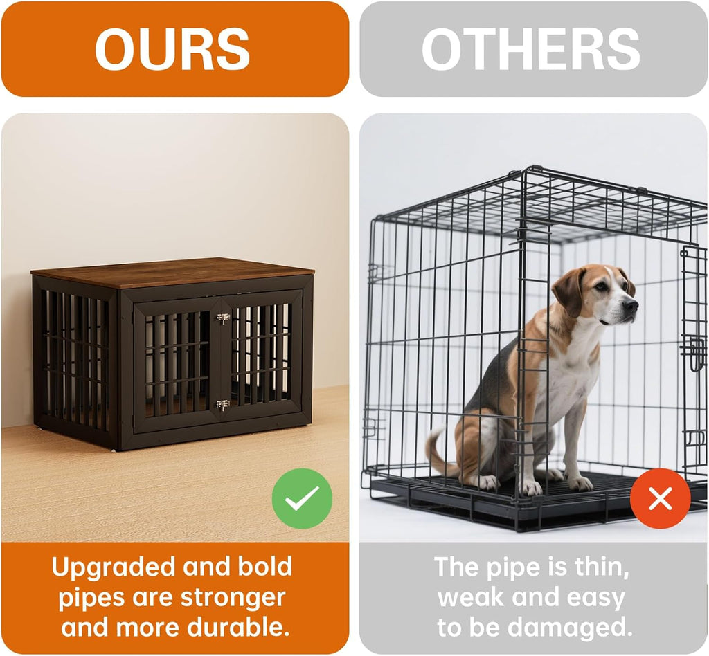 42" Heavy Duty Dog Crate Furniture for Small,Medium and Large Dogs,Rustic Wooden Dog Cage Kennel Indoor Furniture with Waterproof Top,Decorative Pet House Side End Table (Black & Wood)