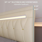 Queen Size Bed Frame with LED Lights and Charging Station, Faux Leather Linen Fabric Adjustable Headboard,Modern Upholstered Bed, Sturdy Wood Slat Support, Easy Assemble, Beige