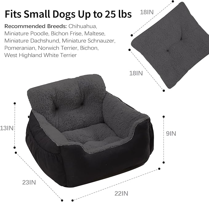 Dog Car Seat for Small Dogs,Washable Pet Booster Seats for Car with Clip-On Safty Leash, Reversible Puppy Carseat with Storage Pockets, Travel Carrier Bed for Dogs Under 25 lbs, Dark Grey
