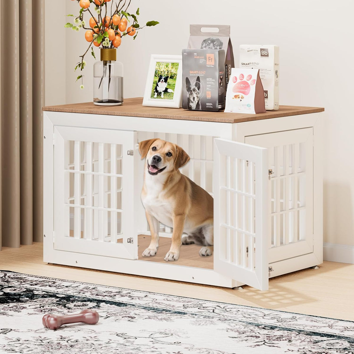 42" Heavy Duty Dog Crate Furniture for Small,Medium and Large Dogs,Rustic Wooden Dog Cage Kennel Indoor Furniture with Waterproof Top,Decorative Pet House Side End Table (White & Wood)
