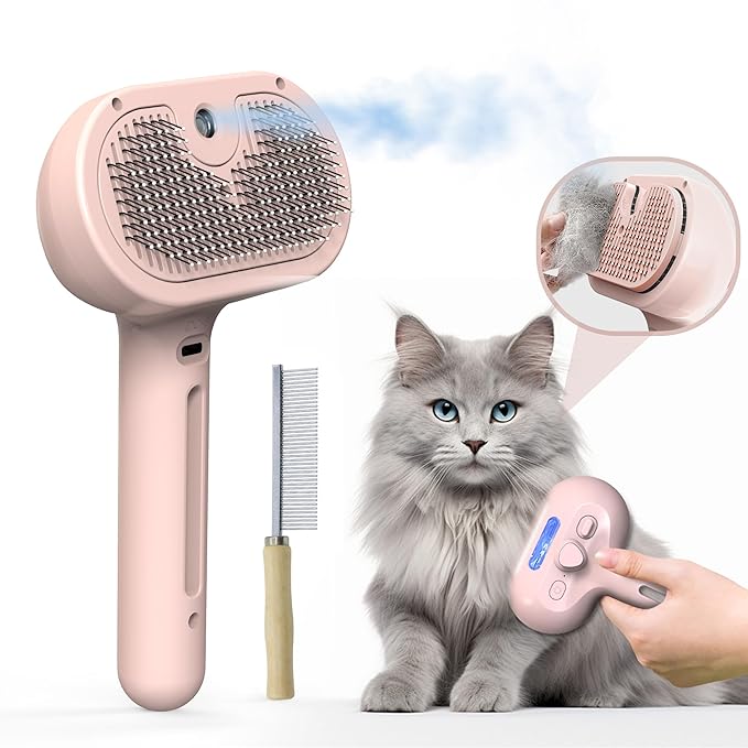 Pet Grooming Brush with Electronic Mist Spray - Gentle Deshedding Tool for Cats & Dogs, Pet Steam Brush，Reduces Shedding, Soft Bristles, Promotes Healthy Coat-Comes with a hair smoothing comb-Red