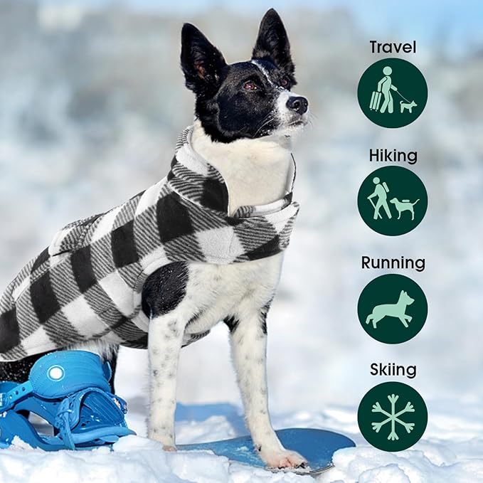Kuoser Dog Winter Coat, Windproof Dog Fleece Jacket British Style Plaid Cold Weather Doggie Vest Coats, Reversible Cozy Warm Pet Clothes Apparel for Large Size Dogs L
