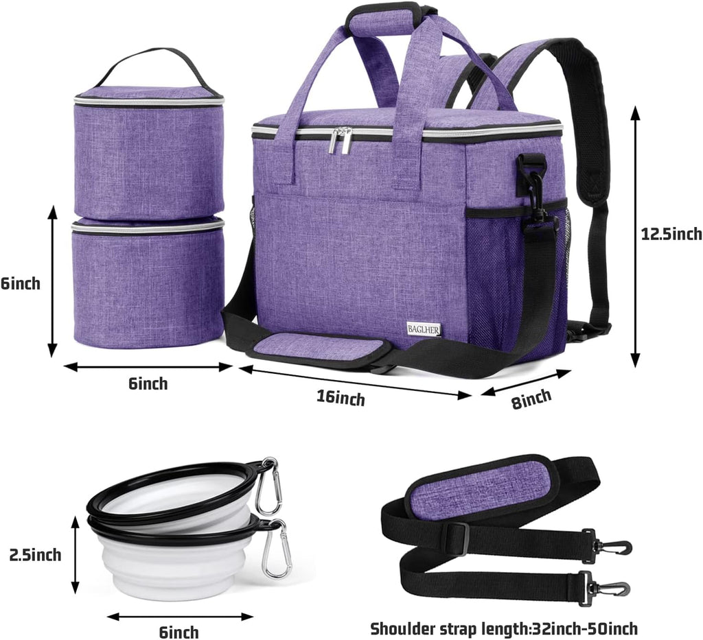 BAGLHER Dog Travel Bag Backpack Pet Supplies Backpack 5-Piece Set with Shoulder Strap 2 Lined Pet Food Containers 4 Foldable Feeding Bowls Essential Kit for Pet Travel