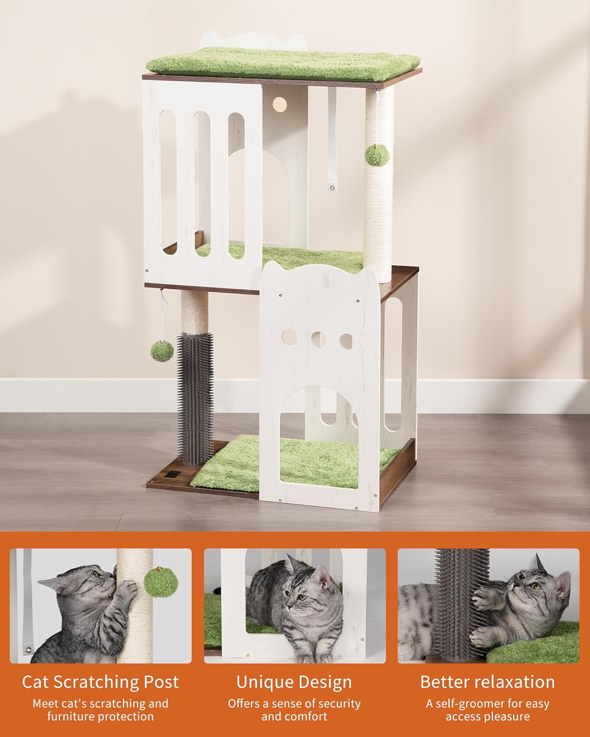 FourFurPets 43.7in 3-Tier Modern Cat Tree Tower Condo, Cat Scratch Posts for Indoor Cats, Big Plate, Two 19.7in Full Sisal Scratching Posts, White
