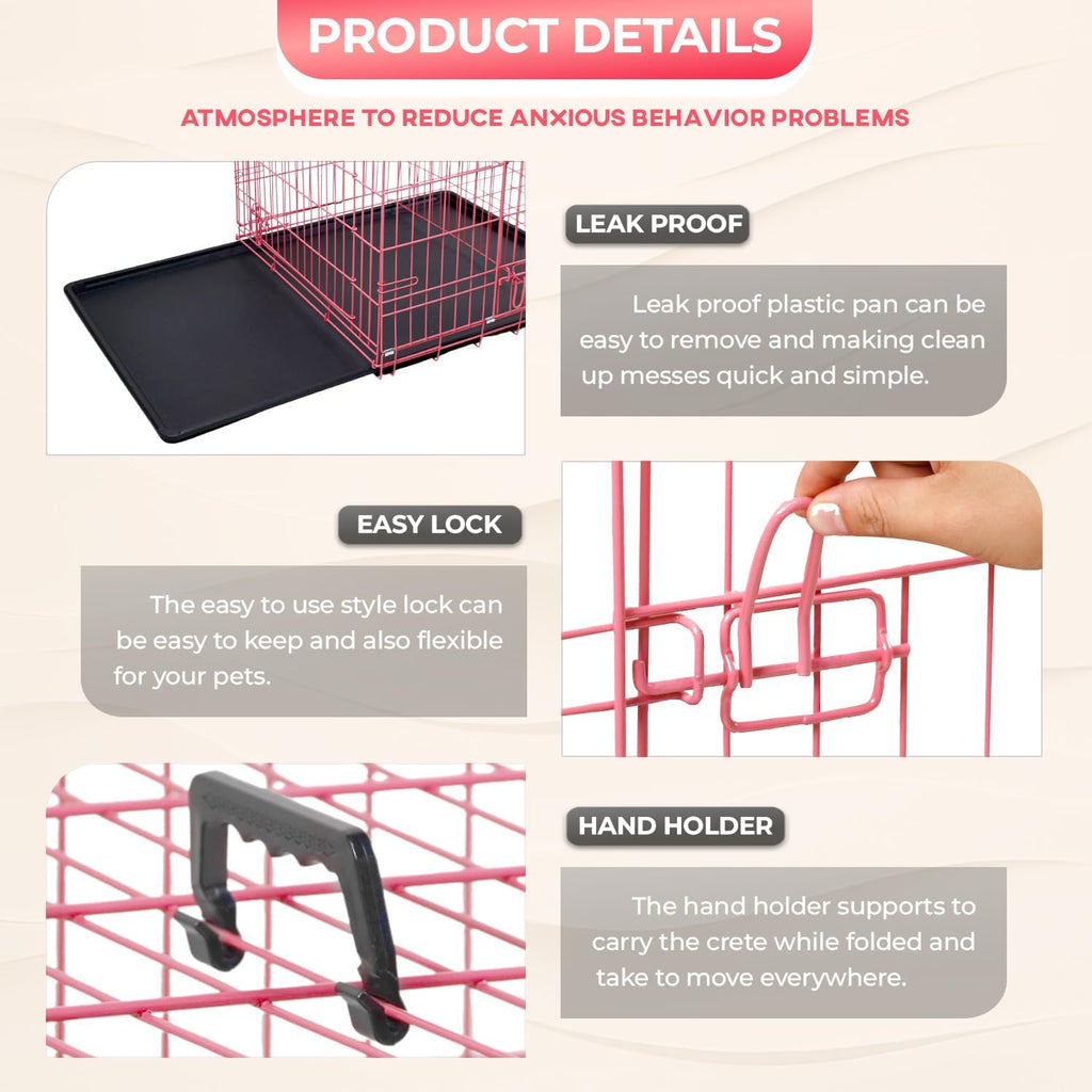 FDW Dog Crate for Large Dogs 48 Inch Folding Metal WirePet Cage Double Door W/Divider Panel Indoor Outdoor Kennel Leak-Proof Plastic Tray,Pink