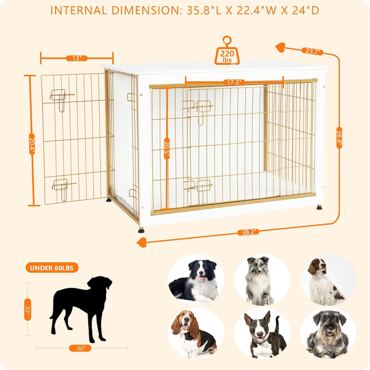 DWANTON Dog Crate Furniture with Cushion, Wooden Kennel Table with Double Doors, Indoor Dog House, Large Size, 38.5" L, White