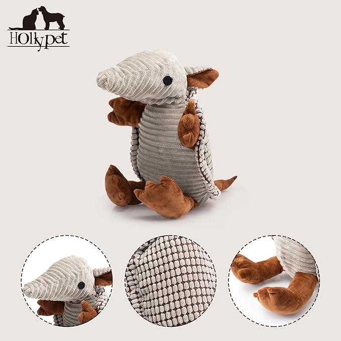Hollypet Plush Dog Squeaky Toy Stuffed Armadillo Animal Pet Puppy Chew Toys with Clean Teeth for Small Medium Large All Breed Sizes Dogs, Gray, 10 in