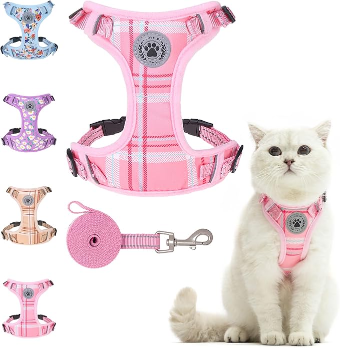 BEAUTYZOO Cat Harness and Leash Set for Walking Escape Proof, Neck Release Adjustable Harness for Kitten Puppy Small Medium Large Cats, Soft Cute Easy Control Small Cat Harness for Cats Boy and Girls