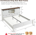 T4TREAM Farmhouse King Size Bed Frame w/Storage Bookcase Headboard, Sliding Barn Door, Charging Station, Rustic Wood Platform Bed w/Wood Slats Support, No Box Spring Needed, Antique White