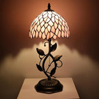 Small Tiffany Lamp Pink Leaf Style Stained Glass Table Lamps Desk Bedside Reading Light 8X8X18 Inches with Bronze Metal Leaf Resin Base