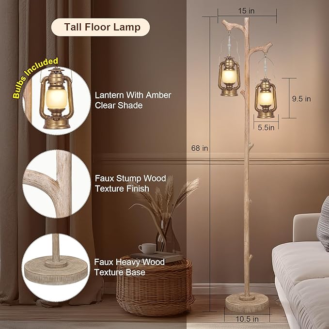 Scenekoy Vintage 68” Tall Floor Lamp with Lanterns, Retro Standing Lamp Tree Trunk Finish & Resin Body, Rustic Dimmable Corner Lamp Stand Up Light with Bulb Prefer for Living Room Bedroom Home Decor