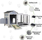 COZIWOW 38.5inches Durable Wooden Rabbit Cage Indoor，Wide Space Small Animal House with Removable Tray&Safety Lock，Rubbit Hutch with Waterproof Roof&Solar Panels (Grey with Pattern)
