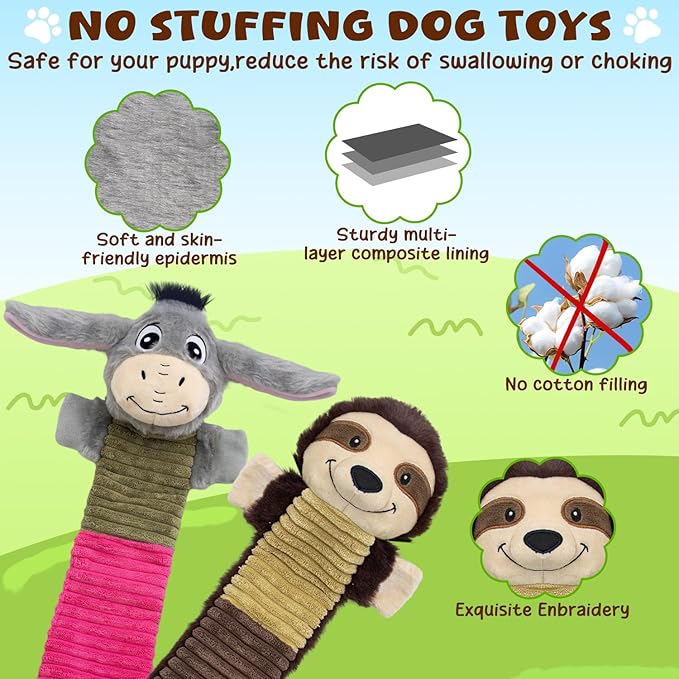 2 Pack No Stuffing Dog Squeaky Toys,Dog Chew with Crinkle and Squeaker,Cute Animal Plush to Keep Them Busy, Suitable for Large, Medium and Small Breeds (Donkey&Sloth