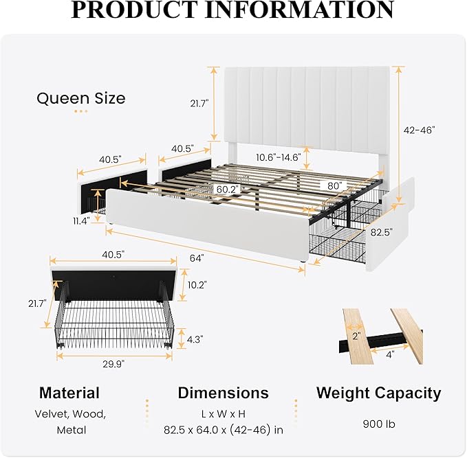 SHA CERLIN Queen Size Platform Bed Frame with 4 Storage Drawers, Vertical Channel Tufted Adjustable Headboard, Velvet Upholstered, Wooden Slats Support, No Box Spring Needed, Easy Assembly, White