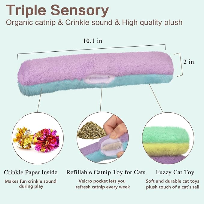 Retro Shaw Cat Toys Kicker Pillows 3Pcs, Refillable Catnip Toys with Crinkle Sound Inside, Interactive Indoor Cat Nip Kitty Kick Sticks for Kitten 10.1 Inches