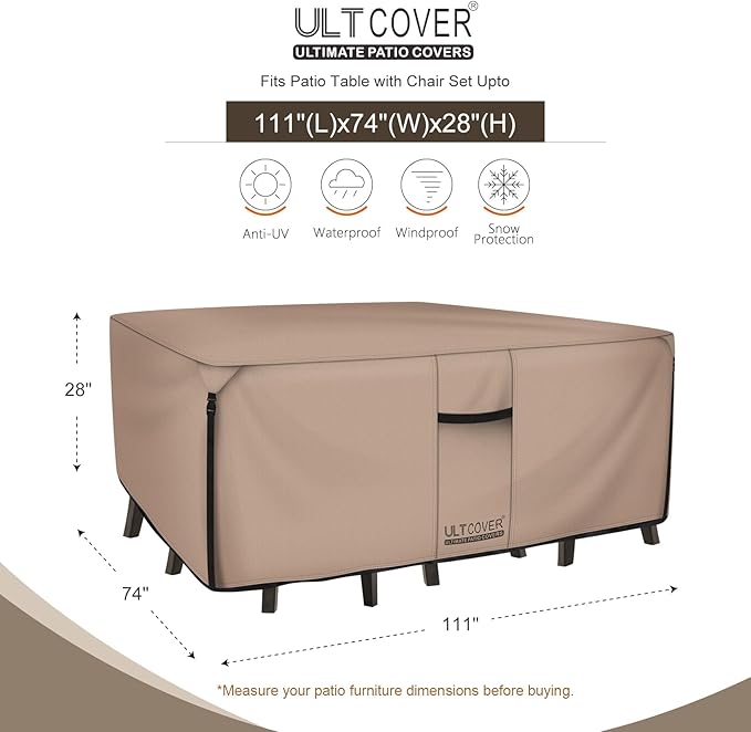 ULTCOVER Rectangular Patio Heavy Duty Table Cover - 600D Tough Canvas Waterproof Outdoor Dining Table and Chairs General Purpose Furniture Cover Size 111L x 74W x 28H inch