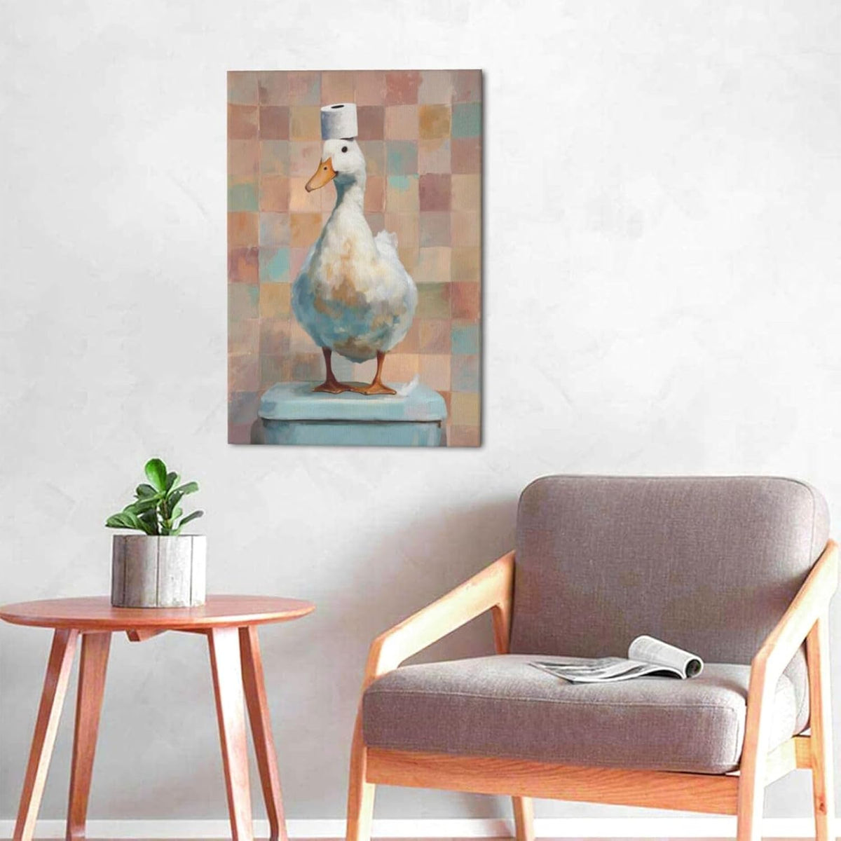 Funny Duck Bathroom Wall Art Cute Duck on Toilet Canvas Wall Decor Funny Quirky Farm Animal Pictures Painting Print Framed Artwork Decorations Gifts for Bathroom 16"x24"