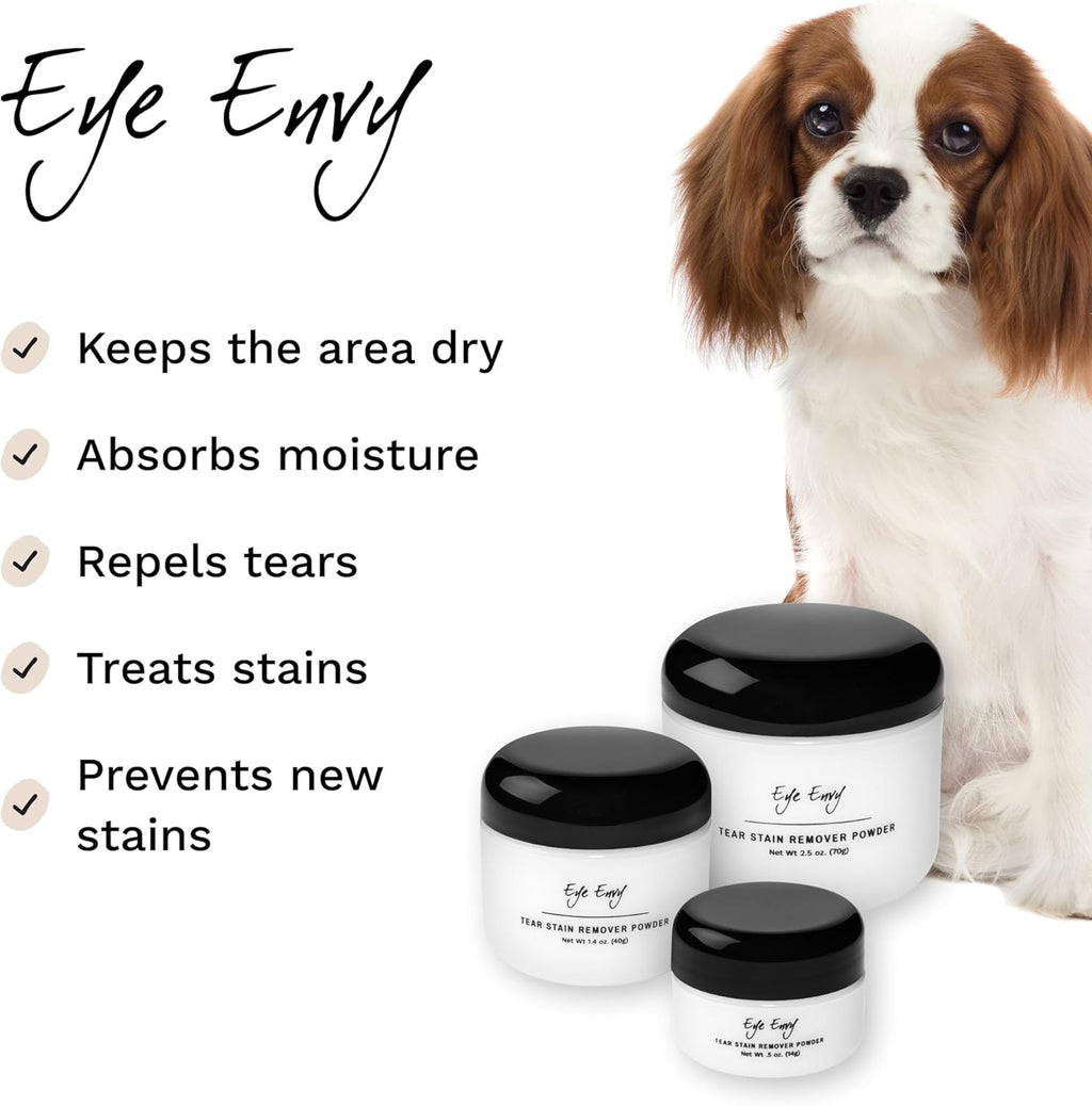 Eye Envy Tear Stain Remover Powder for Dogs and Cats. 100% Natural, Safe. Apply Around Eyes. Absorbs and Repels Tears. Keeps Area Dry. Treats The Cause of Staining. Made in The USA (1.4 oz)