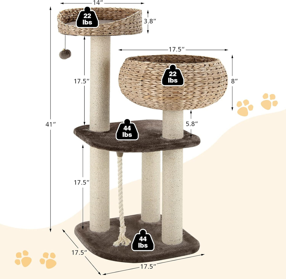 Tangkula Modern Cat Tree for Indoor Cats, Small/Tall Cat Tower with Natural Sisal Scratching Post, Hand-Made Wicker Cat Condo & Top Perch, Funny Hanging Toy Ball, Cute Cat Tree Tower for Large Cats