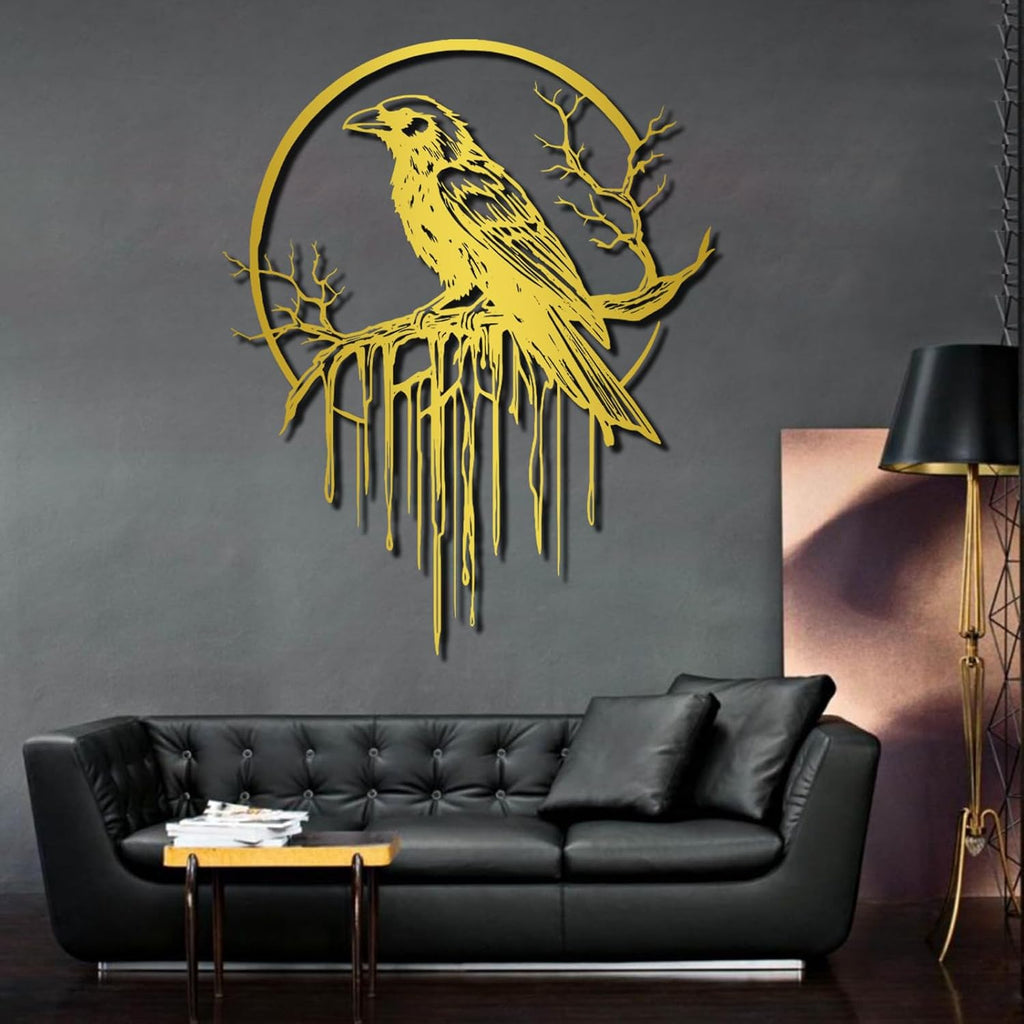 Crow Metal Wall Decor, Raven Wall Art, Large Gothic Raven Decor Hangings, Bird Wall Decor, Metal Tree Branch Decor, Ravens Sign, Raven Art for Living Room (Black, 35"x28" | 90x72cm, metal wall art)