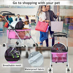 4 Wheels Pet Stroller,Dog Cage Protable Travel Folding Carrier Cart Waterproof Buggy Doggie Dog Stroller Jogger with Cup Holders for Small-Medium Pink