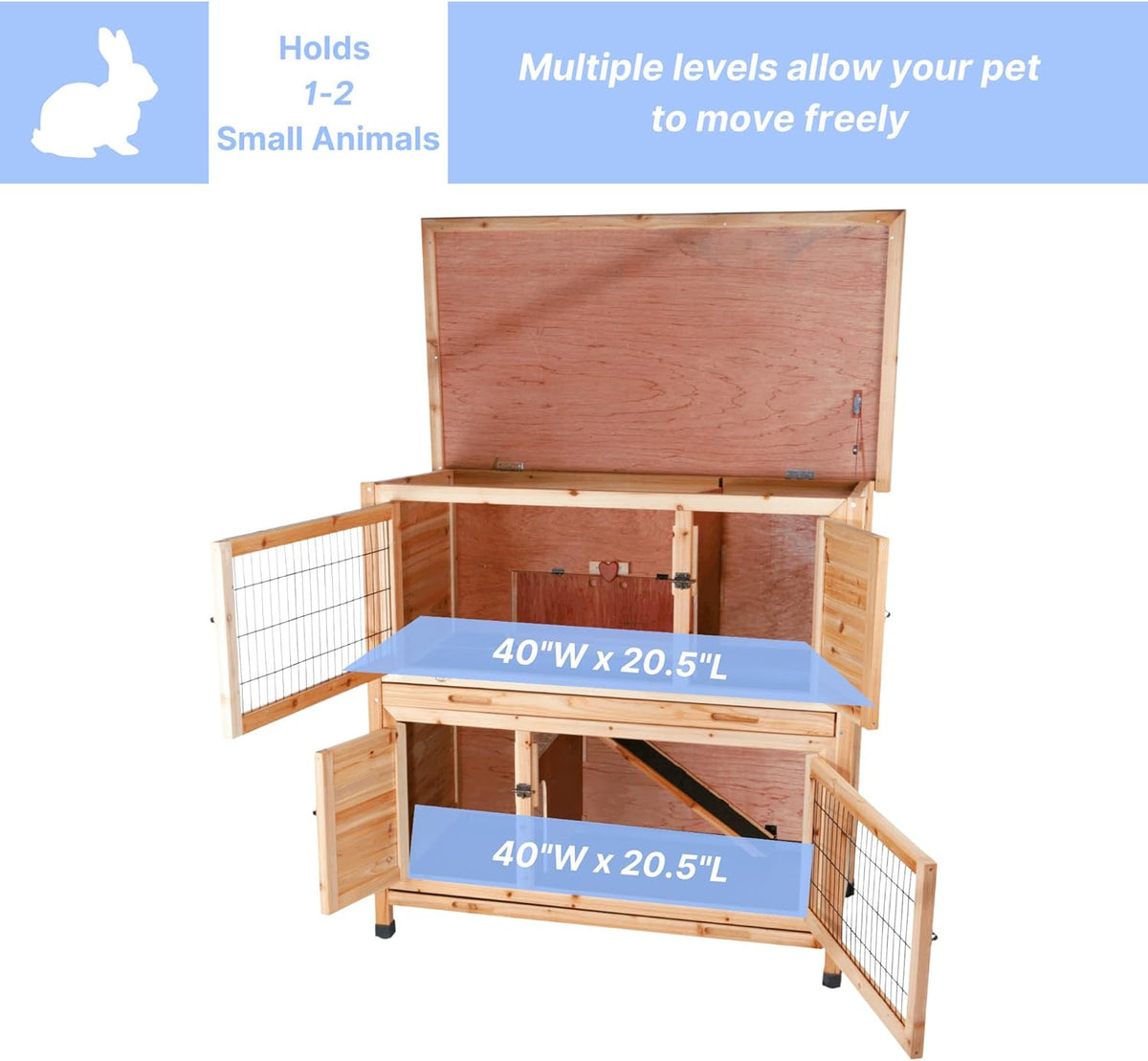 Trixie 2-Story Rabbit Hutch with Retreat Area, Non-Slip Ramp, Hinged Roof with Locking Arm, 4 Doors, 2 Metal Slide Latches, and Pull-Out Trays for Easy Cleaning