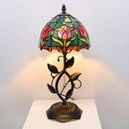 Small Tiffany Lamp Red Blue Tulips Style Stained Glass Table Lamps Desk Bedside Reading Light 8X8X18 Inches with Bronze Metal Leaf Resin Base