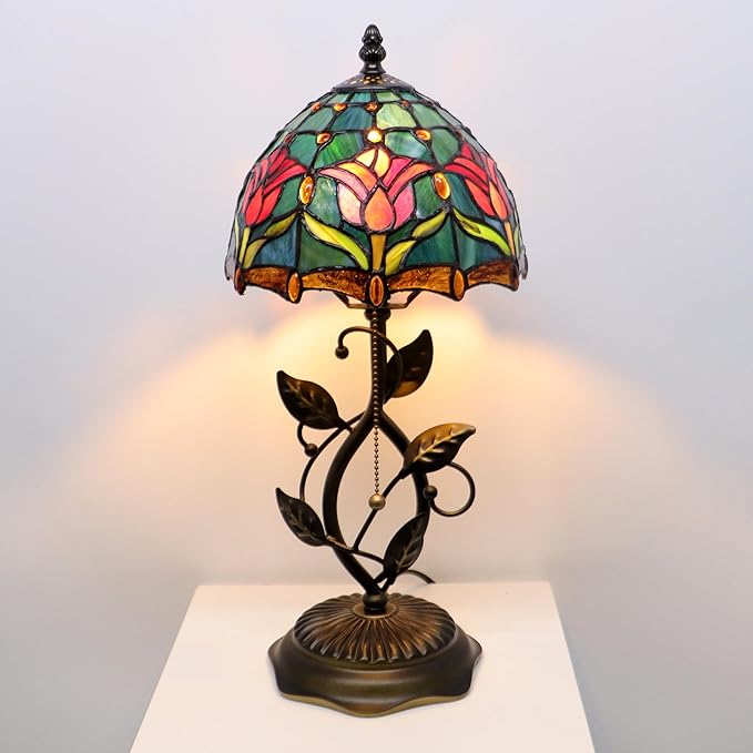 Small Tiffany Lamp Red Blue Tulips Style Stained Glass Table Lamps Desk Bedside Reading Light 8X8X18 Inches with Bronze Metal Leaf Resin Base
