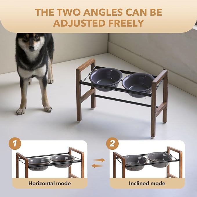 7.1inch Ceramic Adjustable Raised Double Bowls Set with Stand, 3 Heights Elevated, 2 Placement Options,Food and Water Bowls for Medium and Large Dog(Reactived Glaze -Grey)