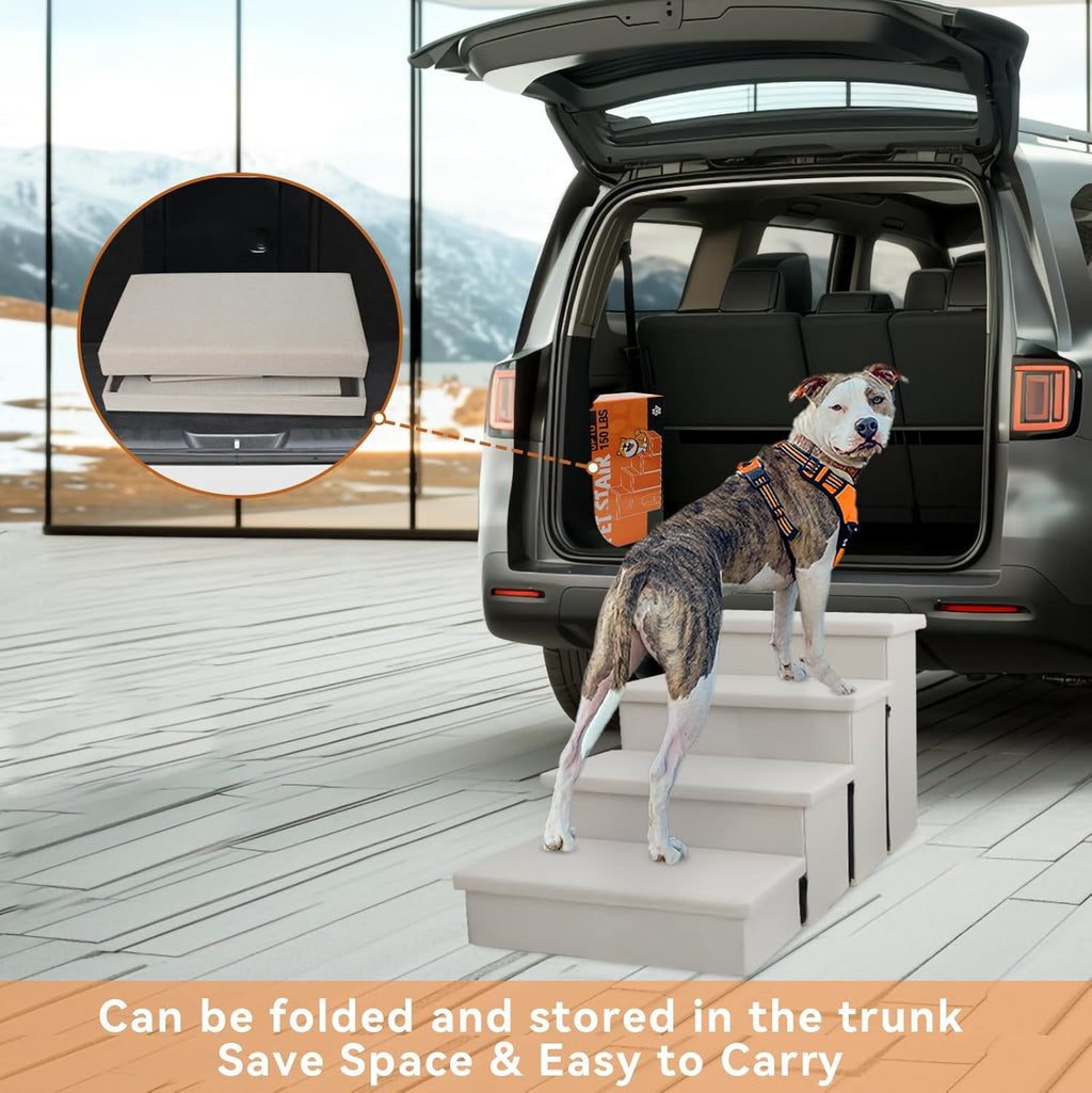 Dog Stairs with Condo 23" H, 4-Step Wider Folding Storage Pet Stairs Gift for Small/Medium/Large Old Dogs Cats, Dog Steps for High Beds Window, Ramp for Climbing Car Up to 200 lbs, Beige