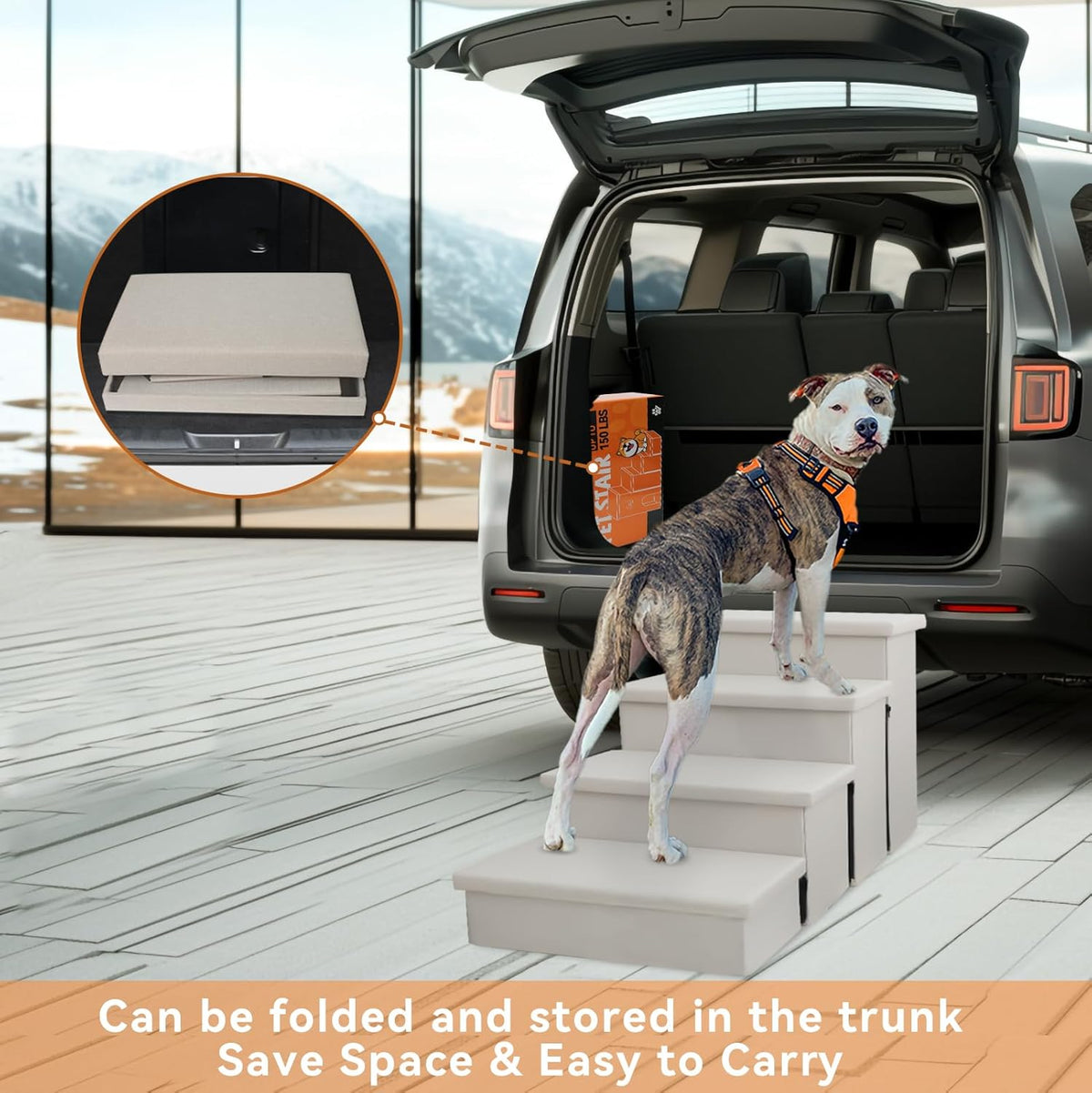 Dog Stairs with Condo 23" H, 4-Step Wider Folding Storage Pet Stairs Gift for Small/Medium/Large Old Dogs Cats, Dog Steps for High Beds Window, Ramp for Climbing Car Up to 200 lbs, Beige