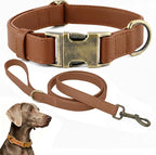 Dog Collar and Leash Set,Leather Silicone Waterproof Odor-Proof Dog Collar and Leash for Large Dogs, Soft Flexible Dog Collars, Durable Thick Adjustable Pet Collar (Brown, Large (16-24.5" Neck))