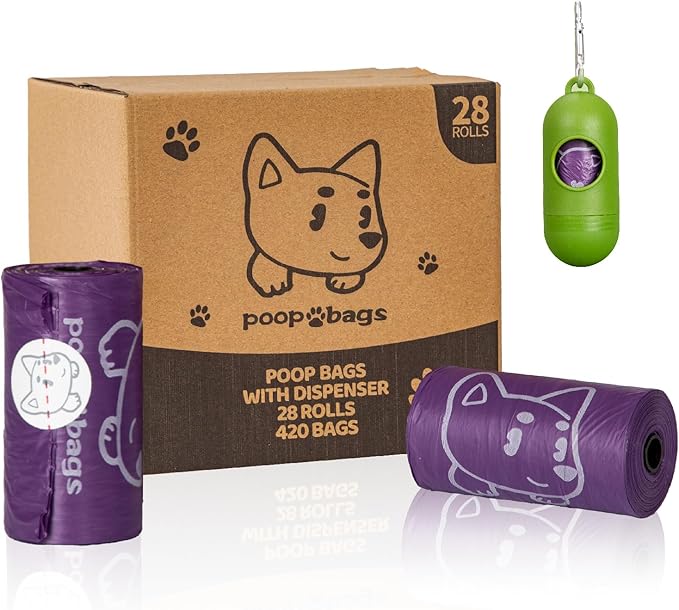 420 Count Dog Poop Bags Rolls with Dispenser & Leash Clip, 9″ x 13″ Scented Biodegradable Leak Proof Poop Bags for Dogs, Cats & Pet Waste, 28 Refill Rolls of 15, Purple