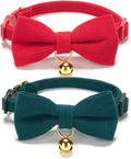 2 Pack Soft Corduroy Christmas Cat Collars with Bow Tie & Bell, Adjustable Breakaway Cotton Kitty Bowtie Collar for Girl Boy Kitten (Red & Green)