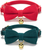 2 Pack Soft Corduroy Christmas Cat Collars with Bow Tie & Bell, Adjustable Breakaway Cotton Kitty Bowtie Collar for Girl Boy Kitten (Red & Green)