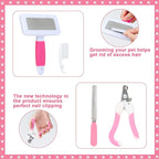 VCZONE Pink Small Animal Grooming Kit with Nail Clipper, Flea Comb, Shampoo Brush, Slicker Brush, Massage Glove for Rabbits