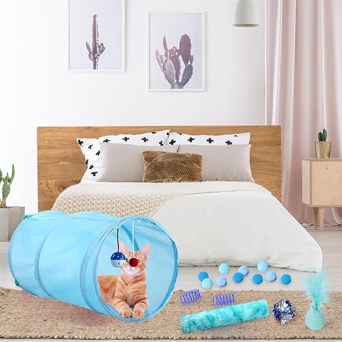 24 Pcs Cat Toys Set Interactive Kitten Toys Pack Including Collapsible Play Tunnel Feather Teaser Wand Fuzzy Ball Springs Pillow Mouse Bells for Indoor Cats Puppy (Blue)