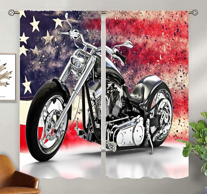 Motorcycle Blackout Curtains for Home Decor,custom black motorcycle american flag background Rod Pocket Thermal Insulated Drapes Darkening Window Curtain for Girls Boy Bedroom Living Room 55 x 63 Inch