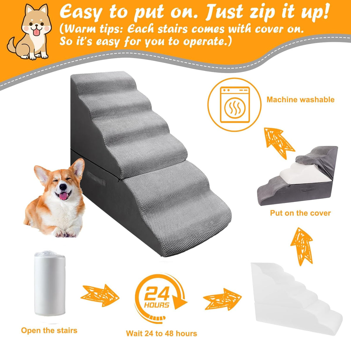 Dog Stairs&Steps for 30 Inches High Bed Up to 30-36 Inch Tall, Pet Cat Ramp Ladder for Small Dogs, Doggie, Old Cats, Kitty, Small Animals Grey