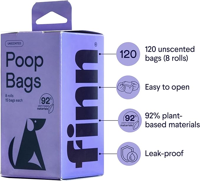 Finn 92% Biobased Poop Bags | USDA-Certified BioPreferred Product | Made from 92% Plant-Based Materials / 8% PE | Unscented Dog Waste Bags, Set of 120