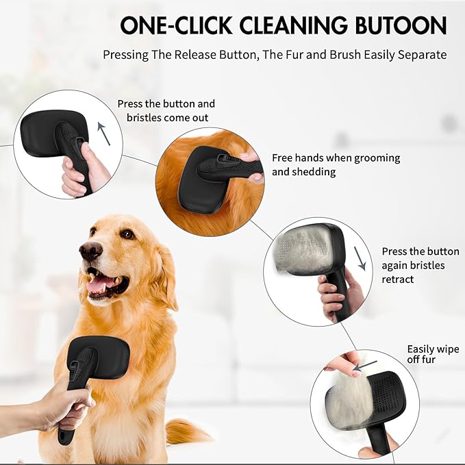 Dog Self Cleaning Slicker Brush for Shedding, Ideal for Short Long Haired Dogs, Including Cat. Removes Loose Fur, Undercoat, Mats, Tangled Hair. Suit for Large Medium Small Animal, Black