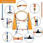 Dog Agility Training Equipment Set Outdoor Indoor Game, Tire Jump + Hurdle Jump, Tunnel, Weave Poles, Pause, 2 Toy Balls, 2 Discs, 1 Whistle, 1 Bag, 2 Training Clicker Backyard Dog Obstacle Course Kit