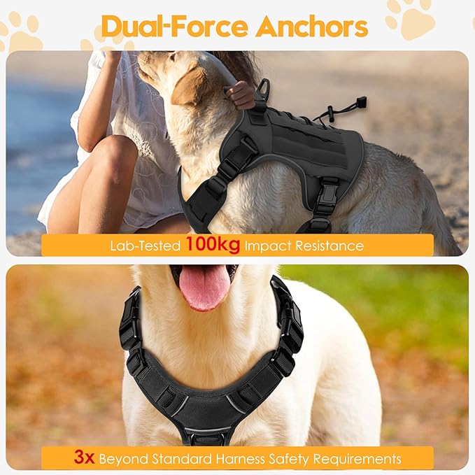 Heavy-Duty Tactical Dog Harness for Large Dogs, No Pull Adjustable Reflective Pet Vest with Molle System, K9 Military-Grade Control for Service Training, Outdoor & 10+ Breeds, Black, XX-Large