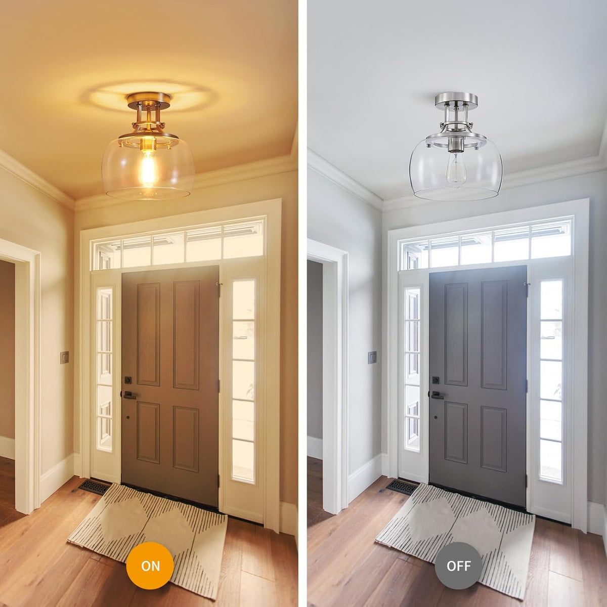 WUZUPS Chandelier Rustic Farmhouse Industrial Round Semi-flushmount Ceiling LED Light Fixture with Clear Glass Shades for Bathroom Kitchen Foyer Entryway, H 10" x W 10", E26 Base, Brushed Nickel