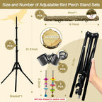 16-63 Inch Height Adjustable Bird Perch Pepper Wood Parrot Training Perch Stand with Feeding Cups and Swing Toy Parakeet Perches Indoor and Outdoor Parrot Stands for Small to Medium Bird