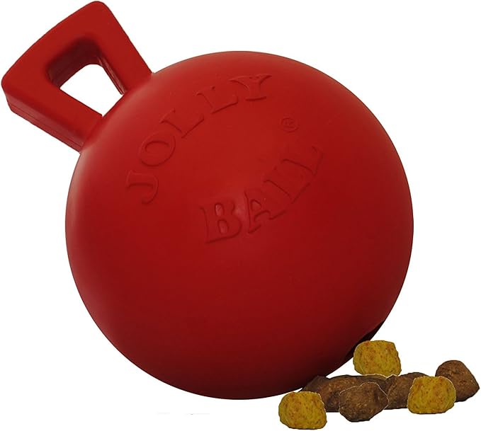 Jolly Pets Tug-n-Toss Heavy Duty Dog Toy Ball with Handle, 4 Inches/Petite, Red