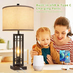27" Touch Control Farmhouse Table Lamps, Set of 2 Tall Rustic Table Lamps 2-Light Design with USB A+C Ports, Bedside Lamps with Cream Shade for Living Room Home Office, 4 LED Bulbs Included