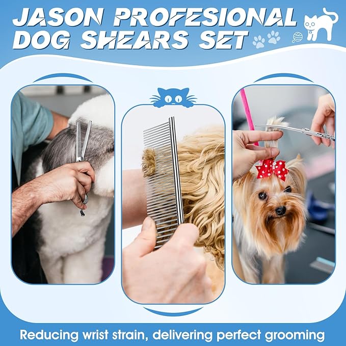 JASON Professional 6 in 1 Dog Scissors Set - 6.5" Thinning, 7" Straight, 7" Up-Curved, 7" Down-Curved Shears and Comb for Cat & Pet (Silver)