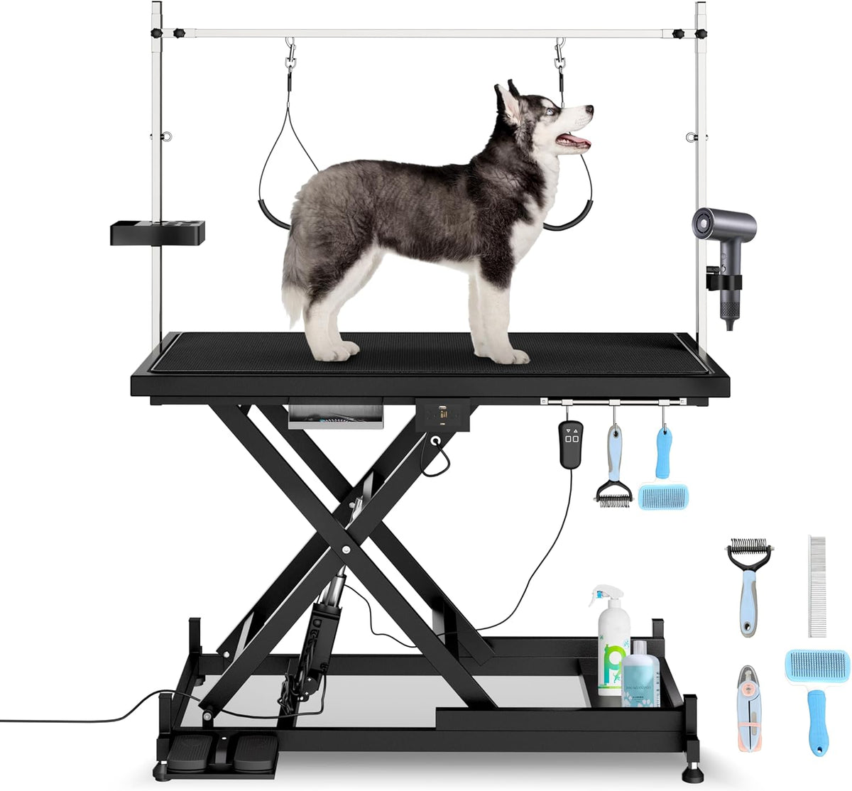 Electric Pet Grooming Table for Large Dogs - Professional Heavy Duty Height Adjustable Pet Grooming Station with Anti Slip Tabletop, Two Nooses & Tool Organizer, Maximum Capacity Up to 250 lbs Black